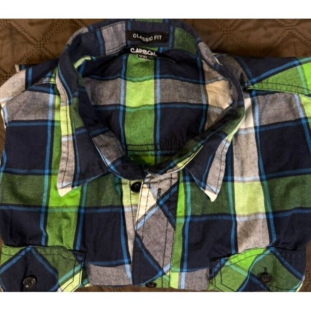 Carbon Mens XXL Button Down Shirt Long Sleeve Blue Green Plaid Classic Fit